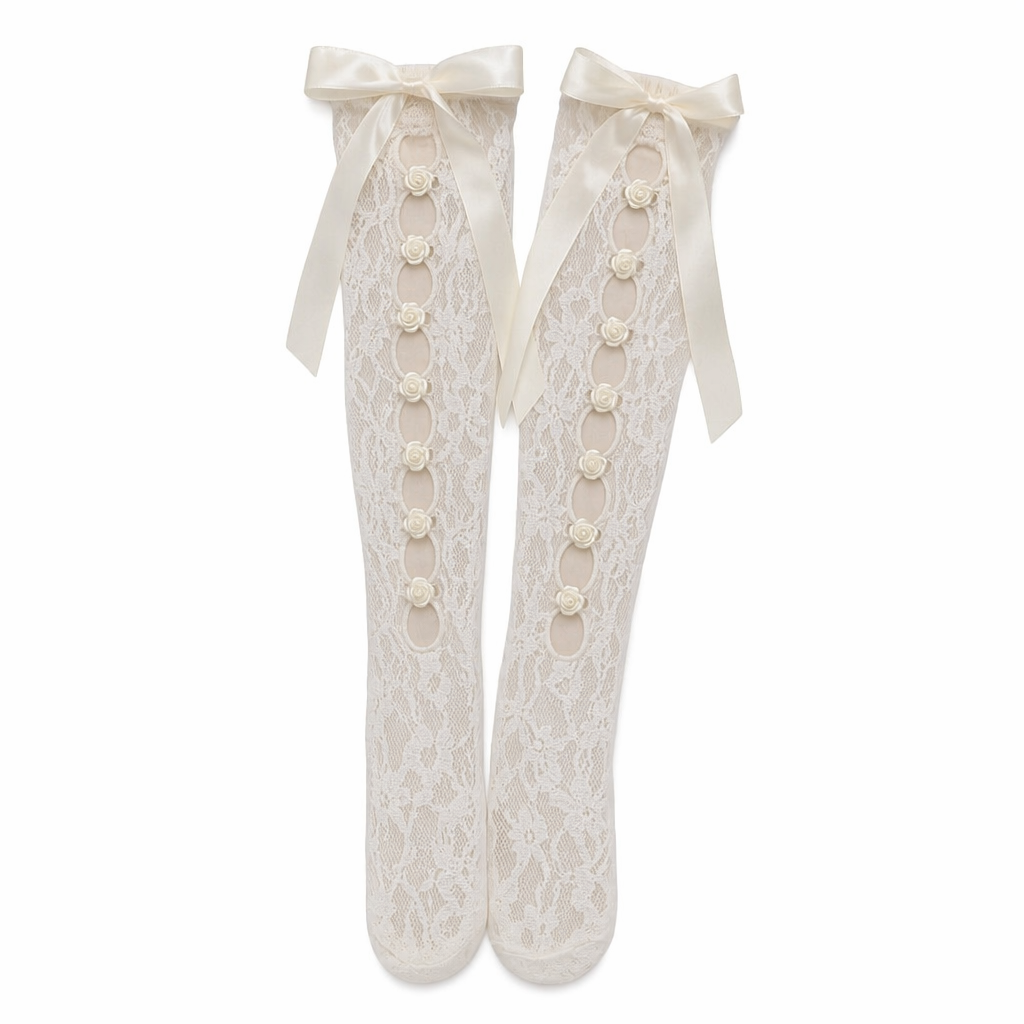 Lolita Lace Ribbon Rosebud Stockings in Black or White Cream Bow Front White Rosebuds