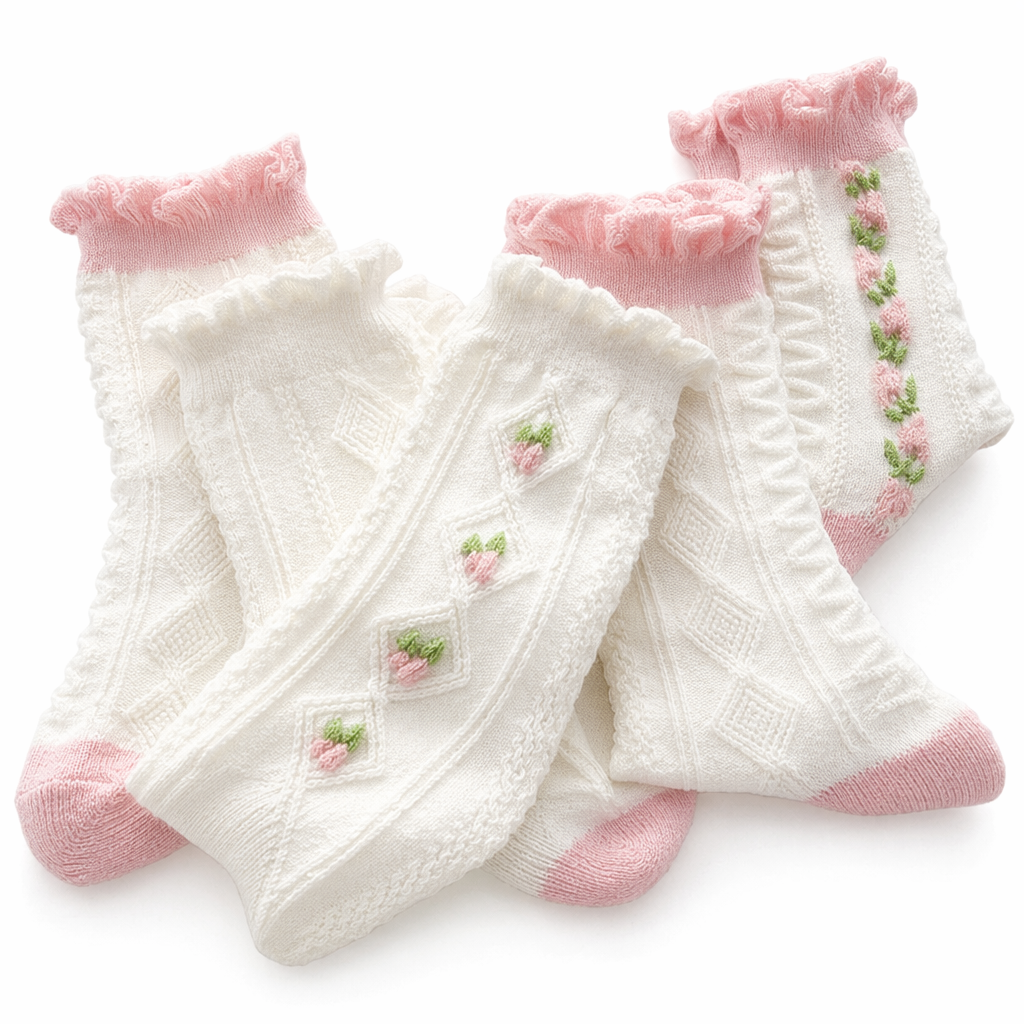 Textured Angelic Socks with Knit Detailing and Rosebud Embellishments No3