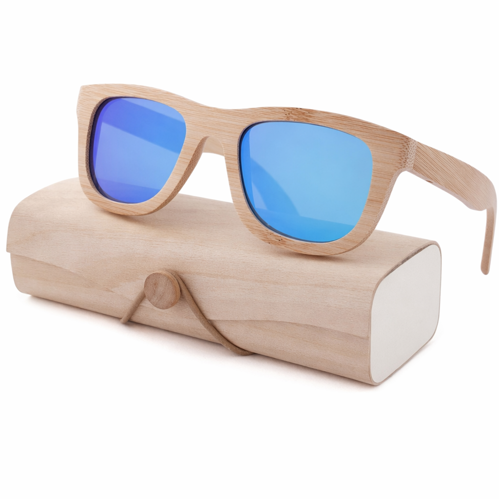 Chic Bamboo Wood Sunglasses for Style and UV Protection Blue with case