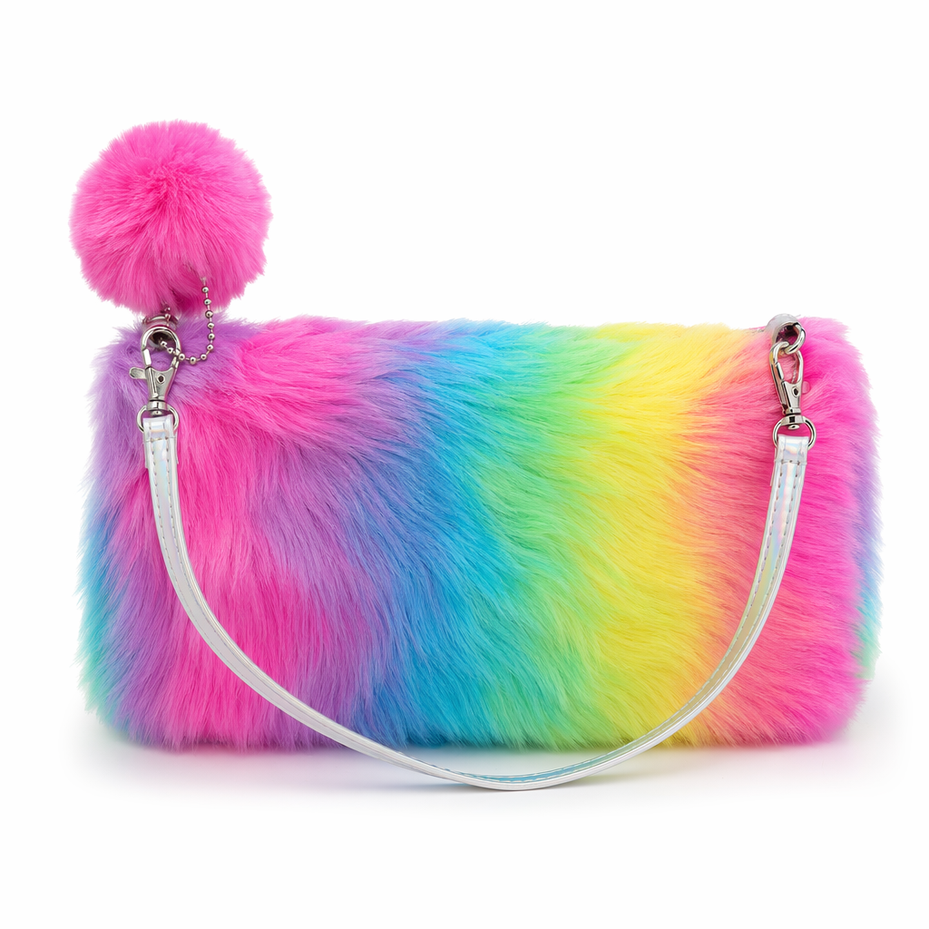 Vibrant Rainbow Vegan Fur Storage Bag for Kawaii Lovers Rainbow Explosion