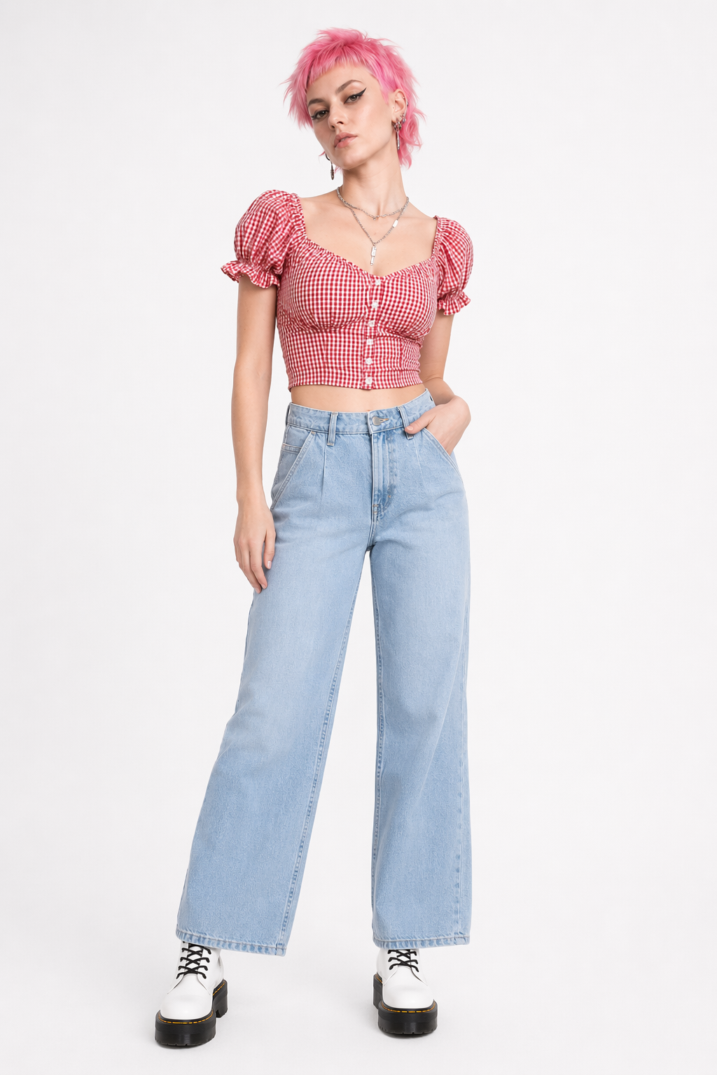 Rustic Country Baby Crop Sweetheart Button-Up Top In Stock Red