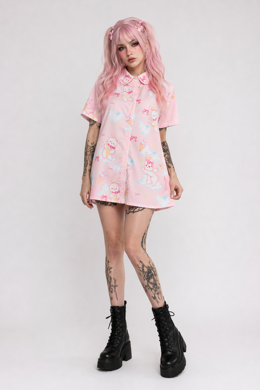 Angel Bunny Button-Up for Ultimate Kawaii Comfort and Irresistible Cuteness Pink short sleeve
