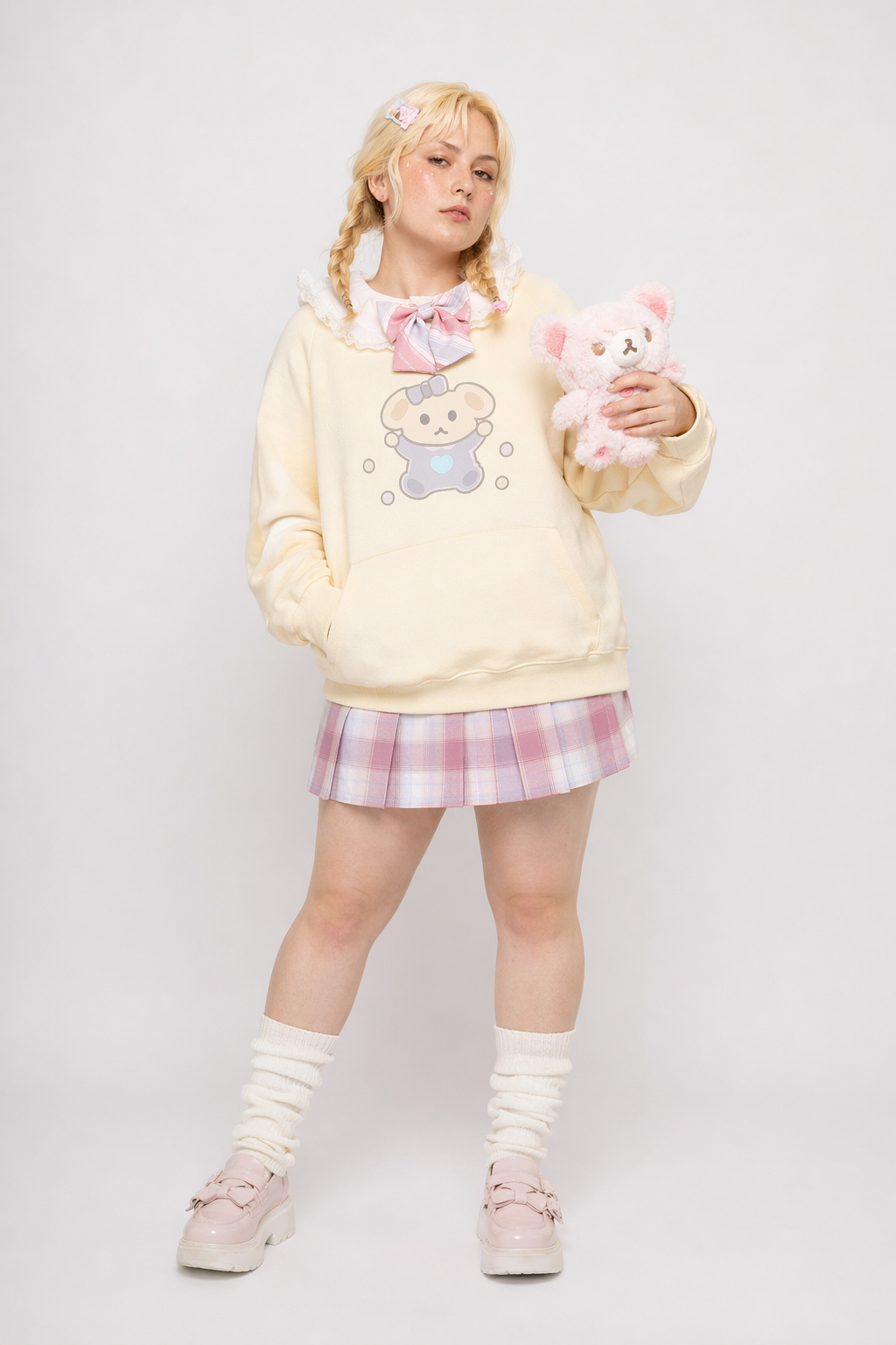 Pastel Yellow Bear Hoodie with Cozy Pouch and Cute Details XL