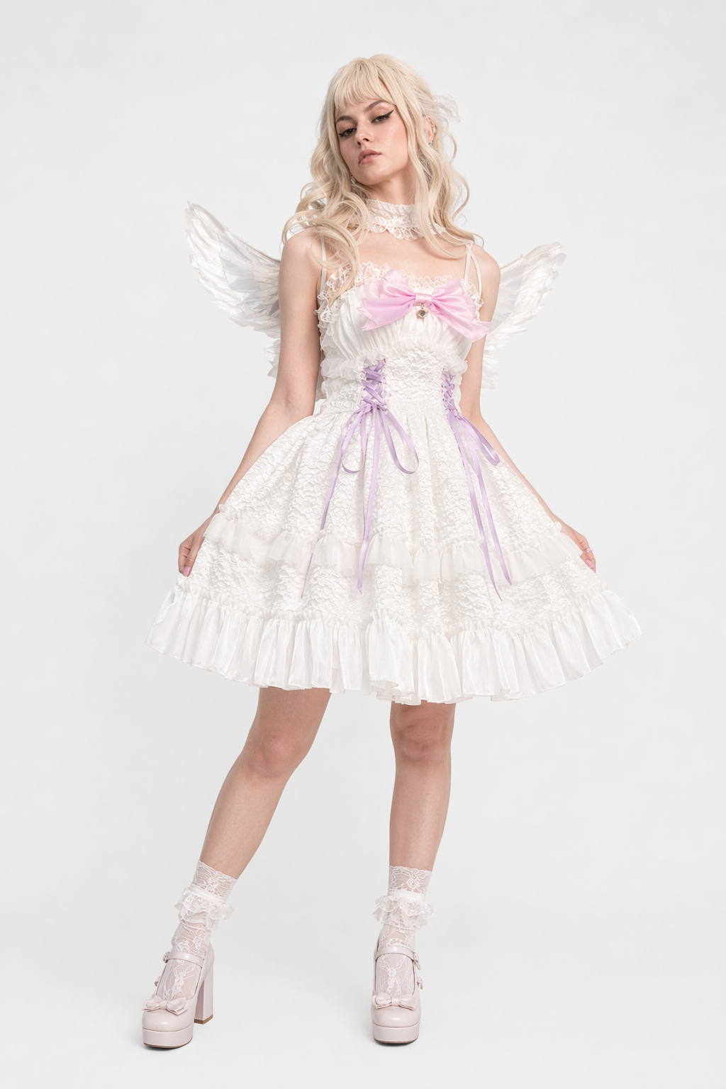 Ethereal Princess Lace Dress with Ruffles and Bows White Purple