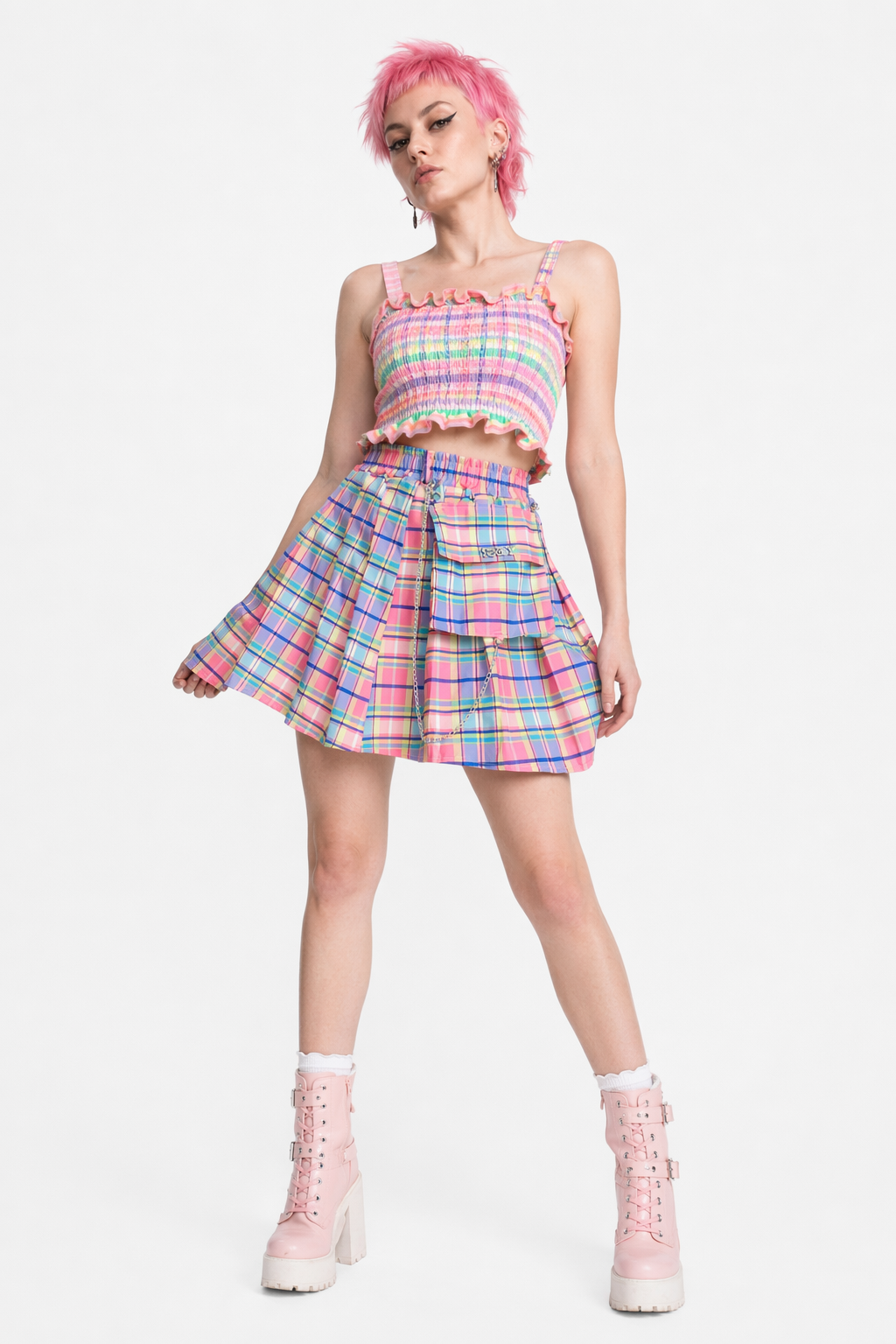 Bubblegum Rainbow Plaid Skirt with Cargo Pocket Default
