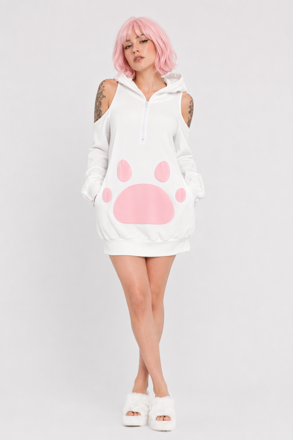 Pink and White Bunny Hooded Sweater Dress for Ultimate Kawaii Style Default Title