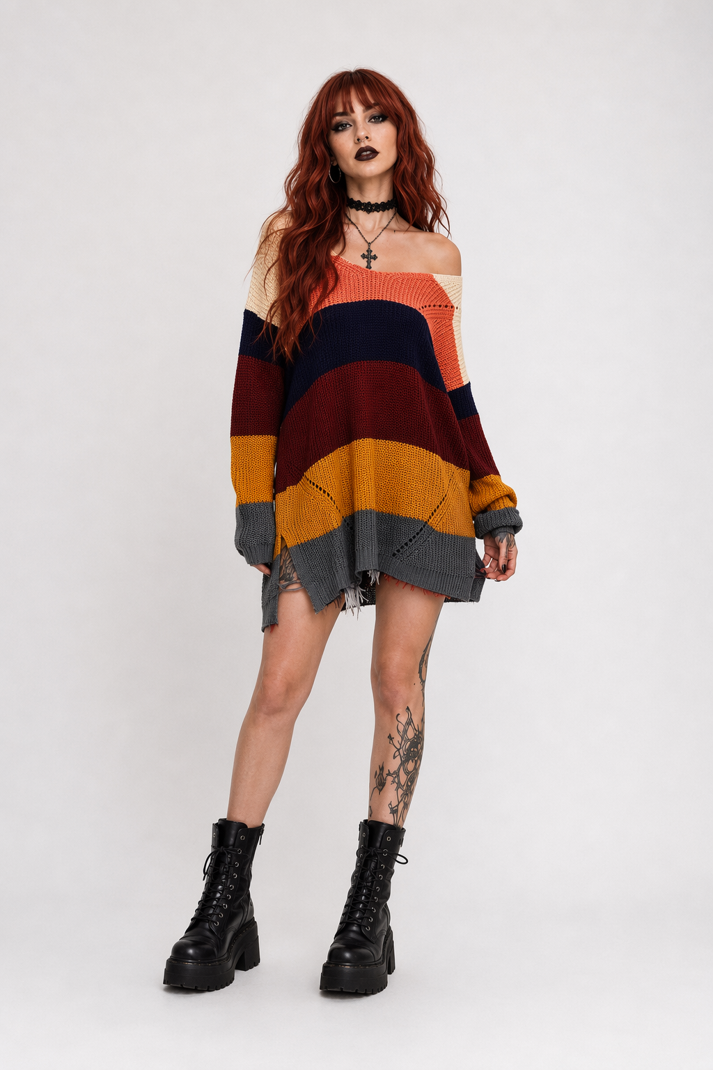 Cozy Long Sleeve Sweater Dress in Bright Rainbow Colors Org Instock Dark Patchwork Style