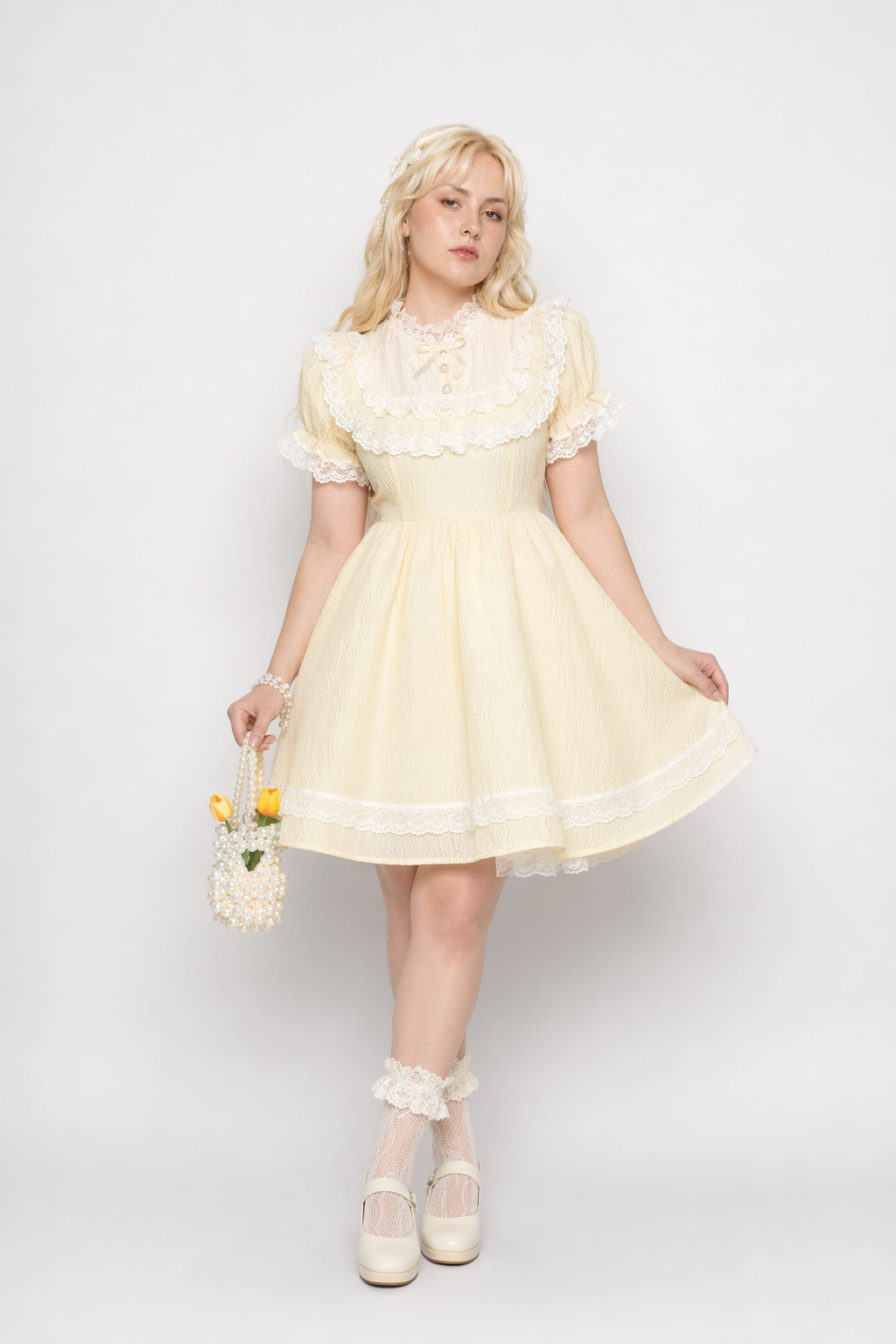 Pastel Yellow Floral Lace Angelic Dress with Poofy Sleeves L