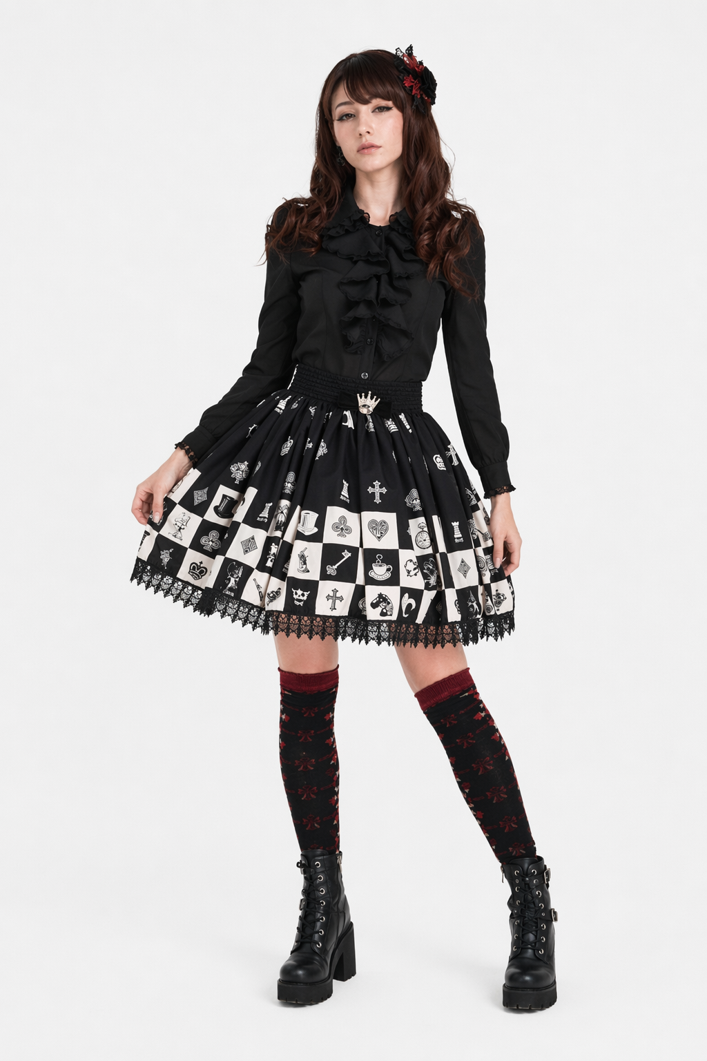 Monochrome Checkerboard Lolita Skirt Inspired by Blackjack and Chess XXL