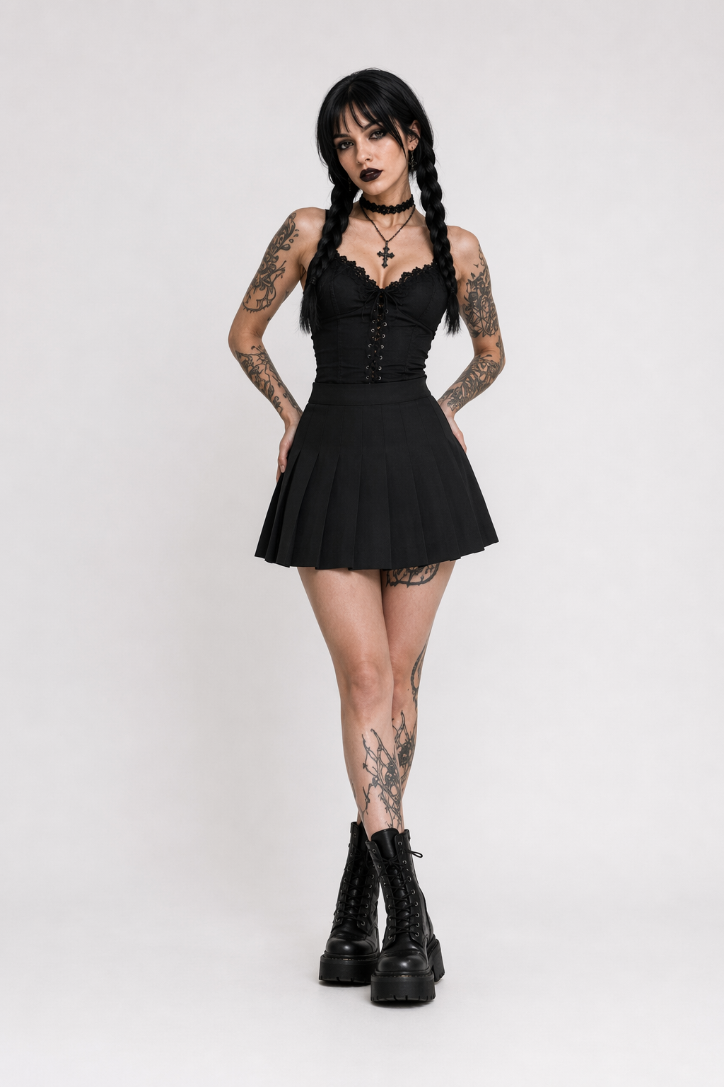 Plaid and Solid Color School Girl Skirt in Plus Sizes Org InStock 40cm Length Black