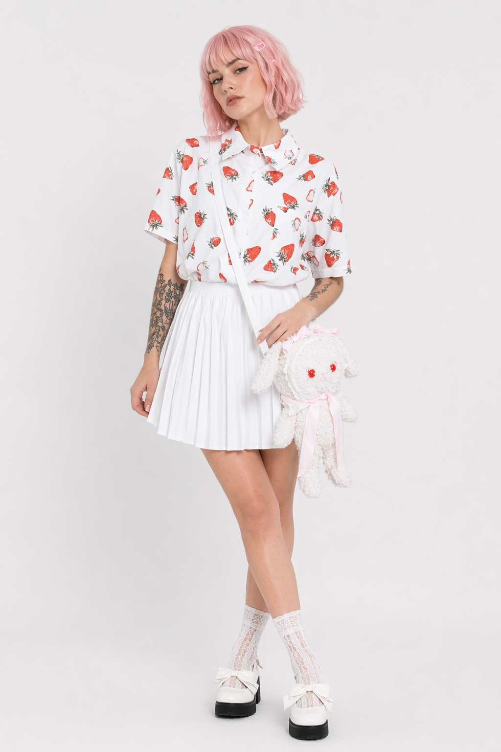 White Strawberry Print Button Up Top for Kawaii Lovers Default Title
