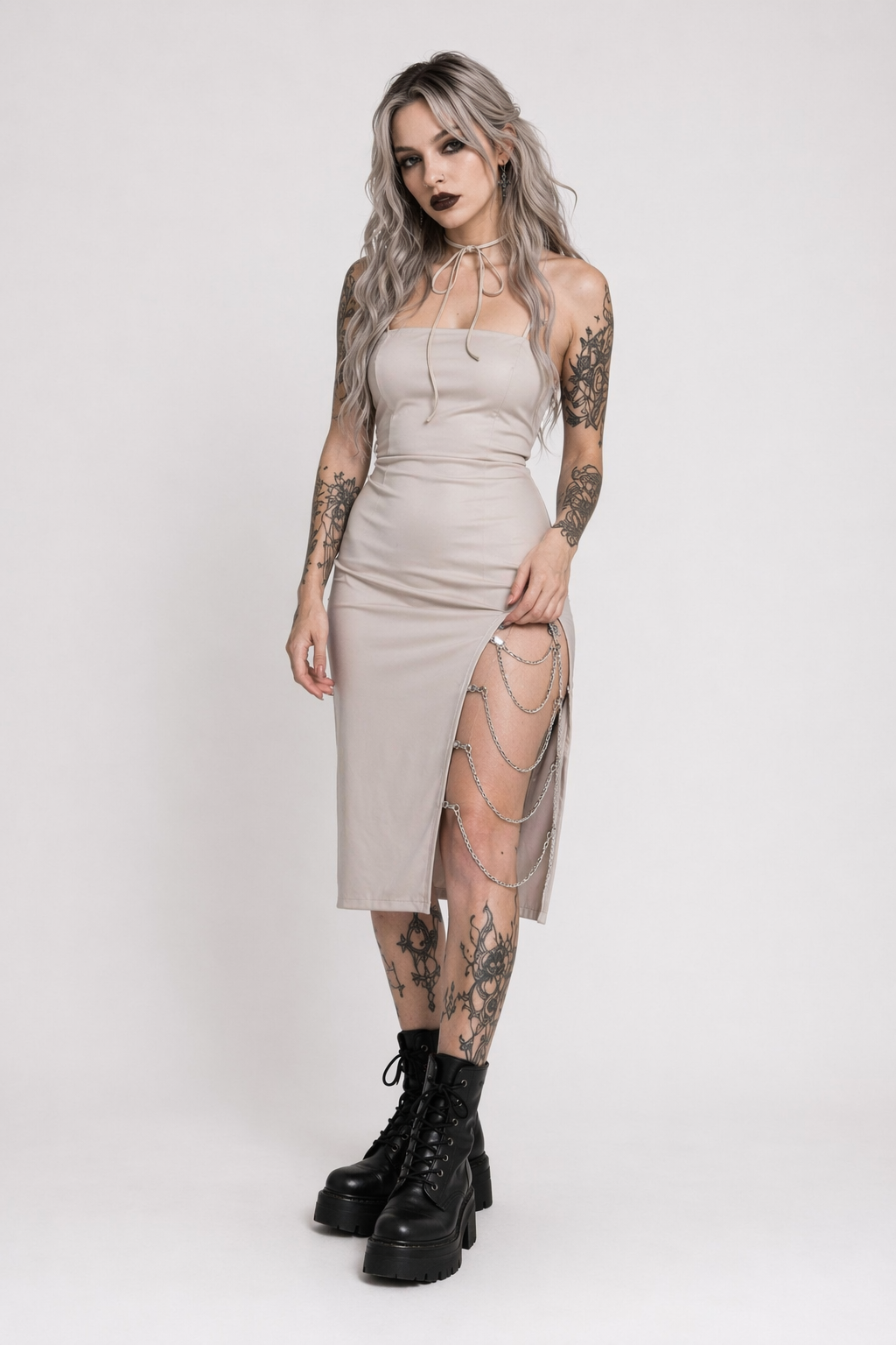 Seductive Satin Dress with Rhinestone Chains and High Slit Beige
