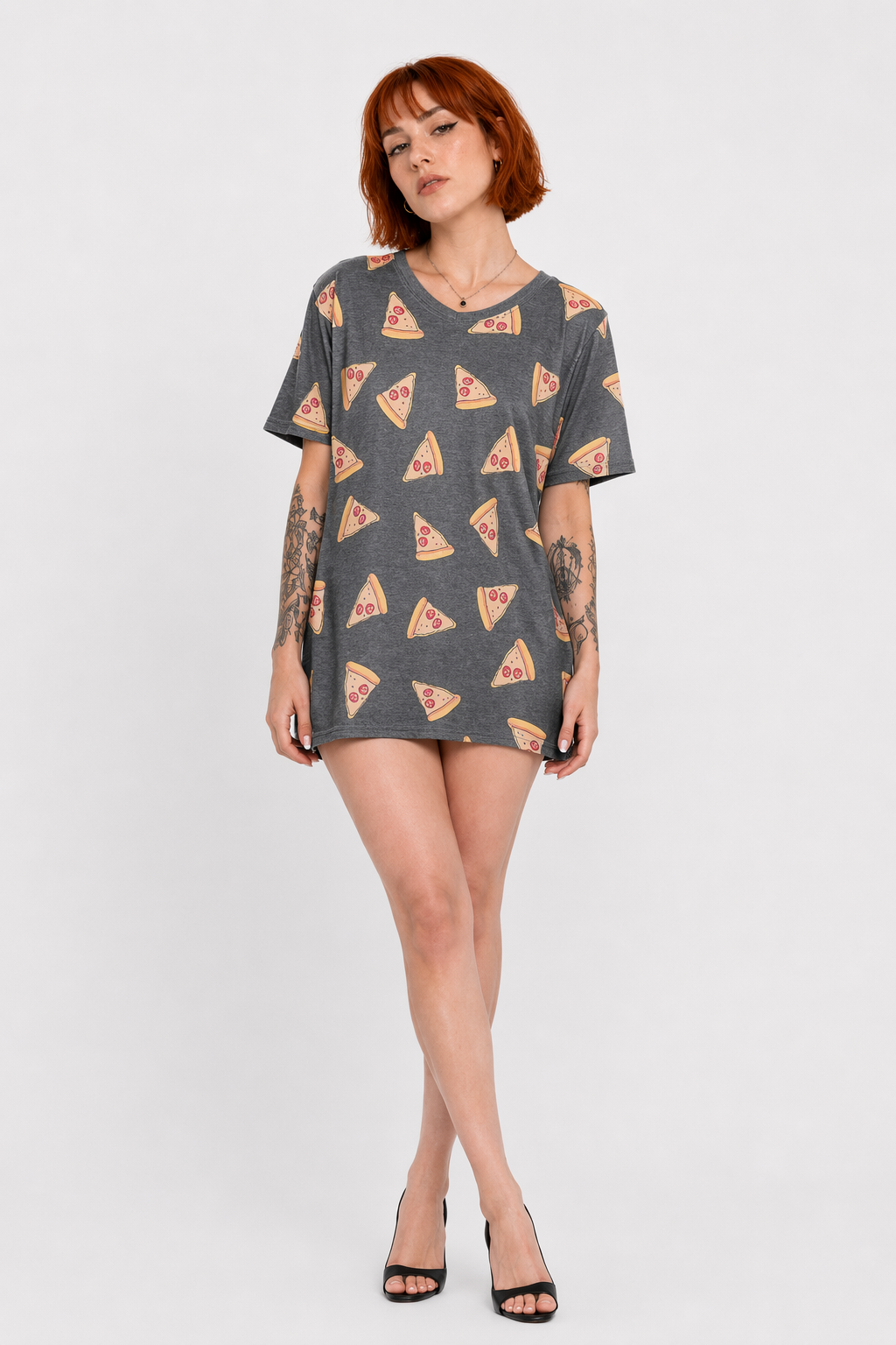 Kawaii Fashion Short Sleeve T-Shirt in Heathered Grey or White Pizza
