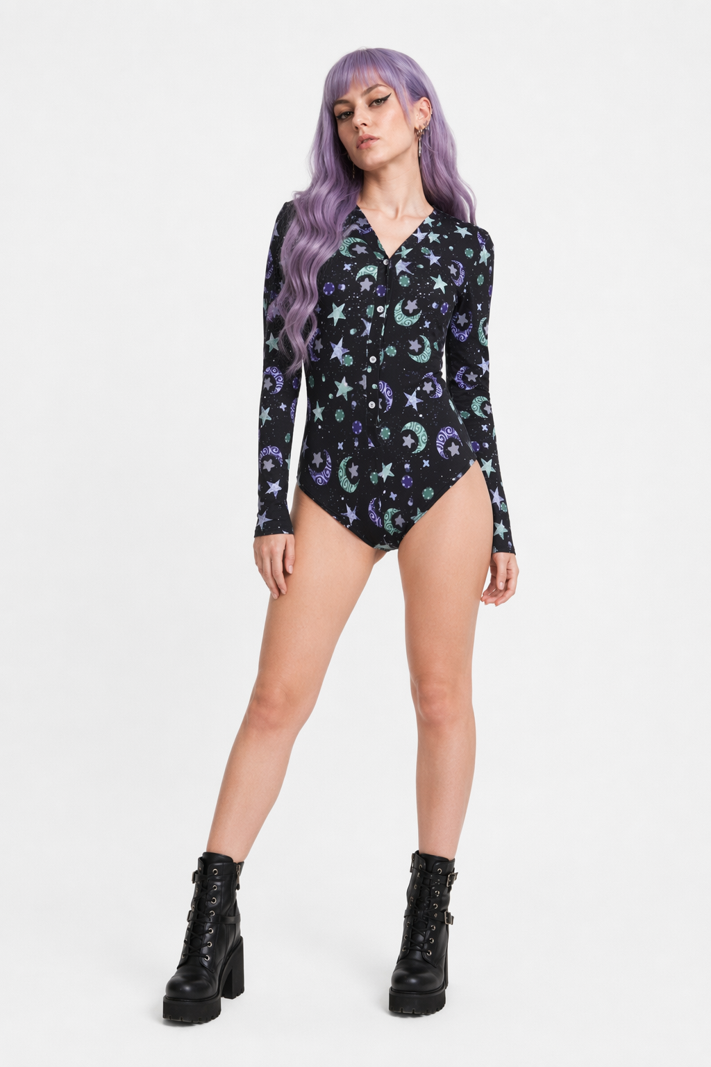 Kawaii Black Star and Moon Long Sleeve Sleeper Bodysuit XL