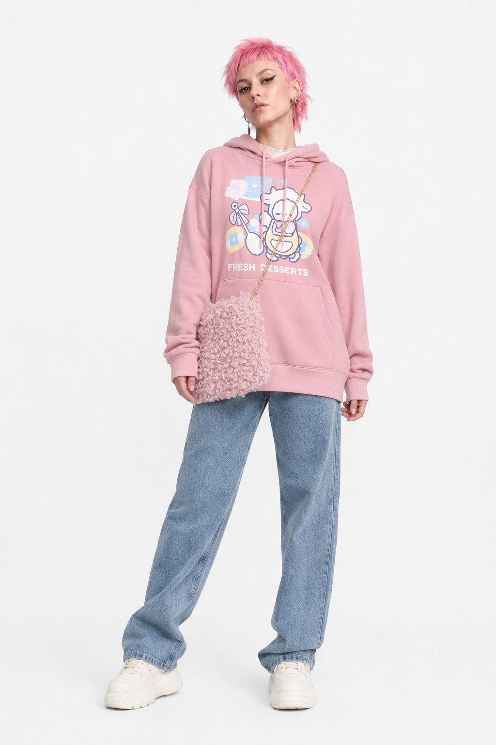 Kawaii Baby Lamb Dessert Hoodie with Sweet Details in Pastel Colors Pink