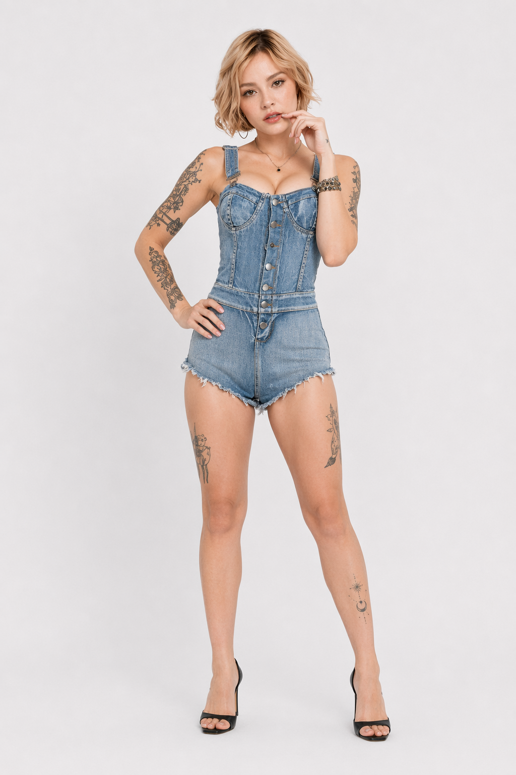 Jean Suspender Strap Adult Romper for Chic Versatility Default