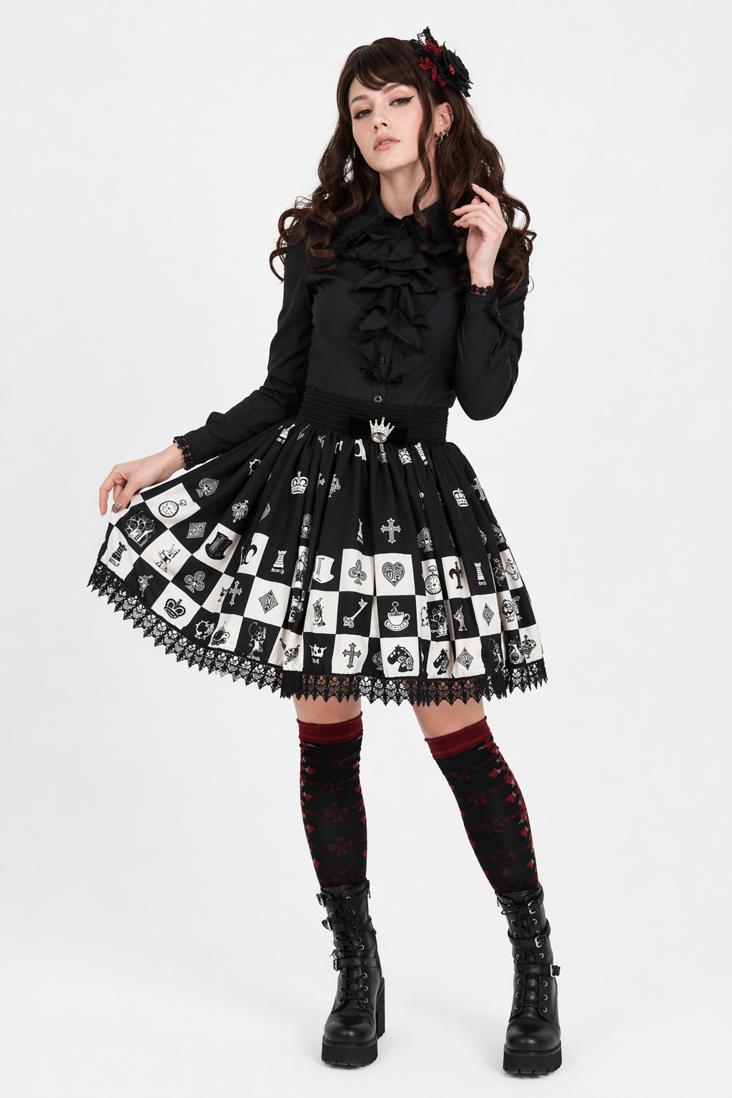 Monochrome Checkerboard Lolita Skirt Inspired by Blackjack and Chess XL
