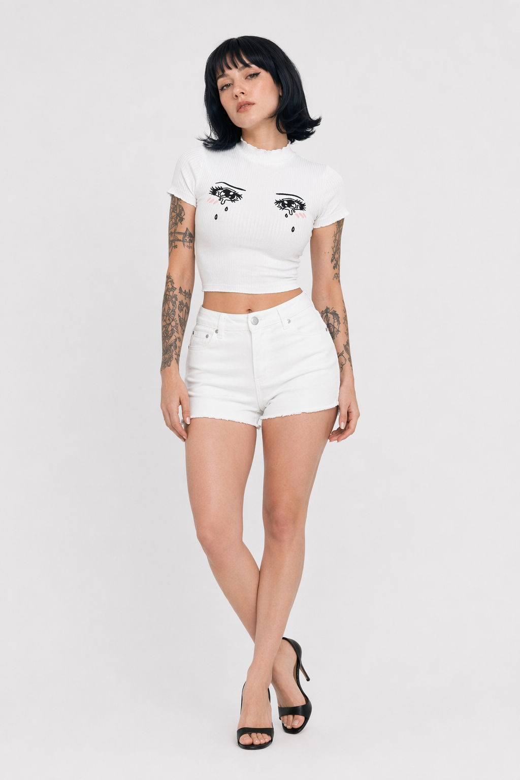 Bright White Knit Crop Top with Adorable Hand-Embroidered Eyes L