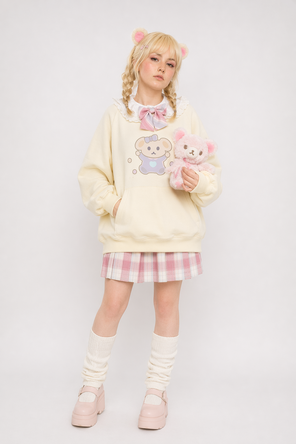 Pastel Yellow Bear Hoodie with Cozy Pouch and Cute Details M