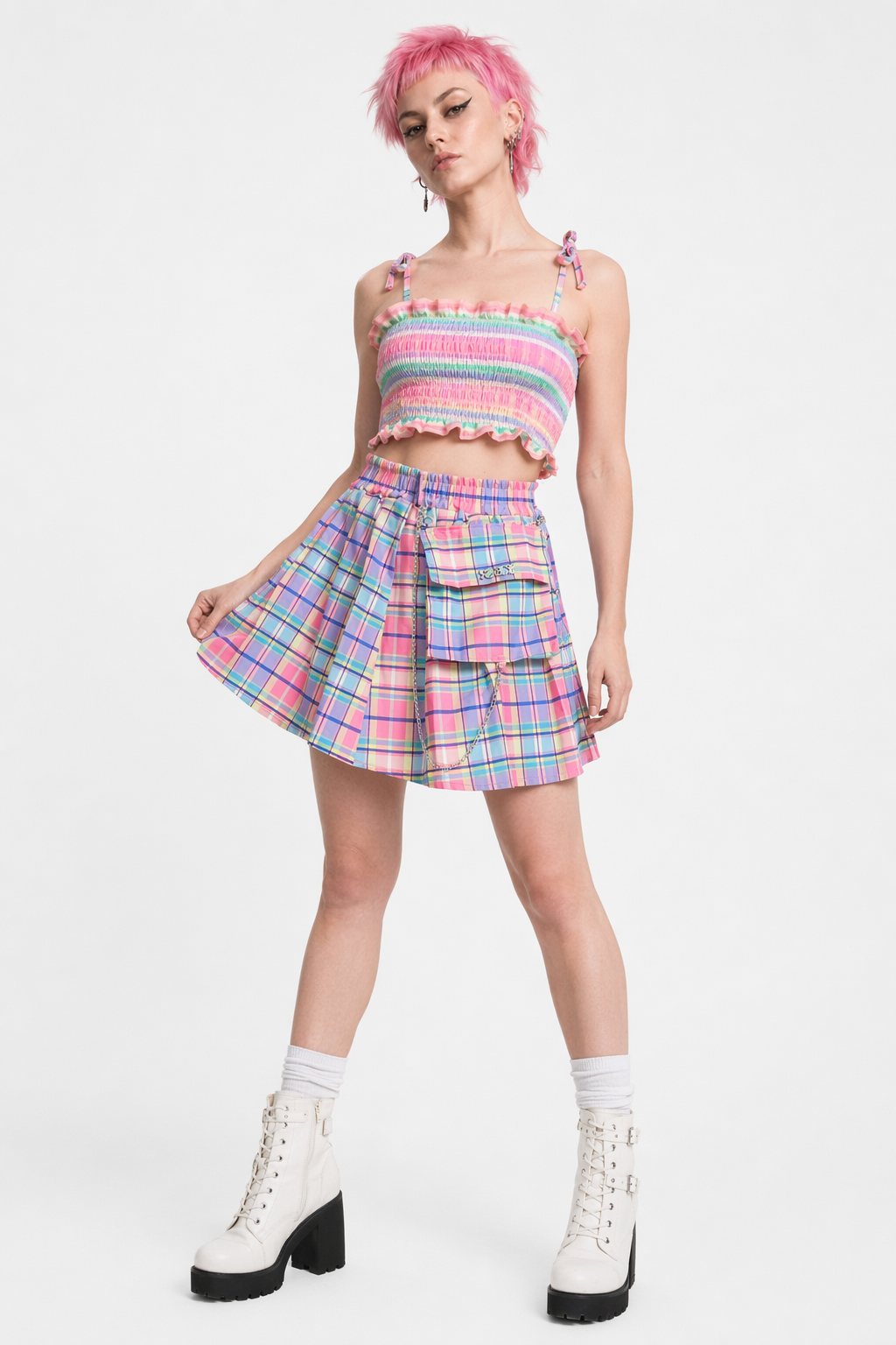 Bubblegum Rainbow Plaid Skirt with Cargo Pocket and Stretchy Waistband S