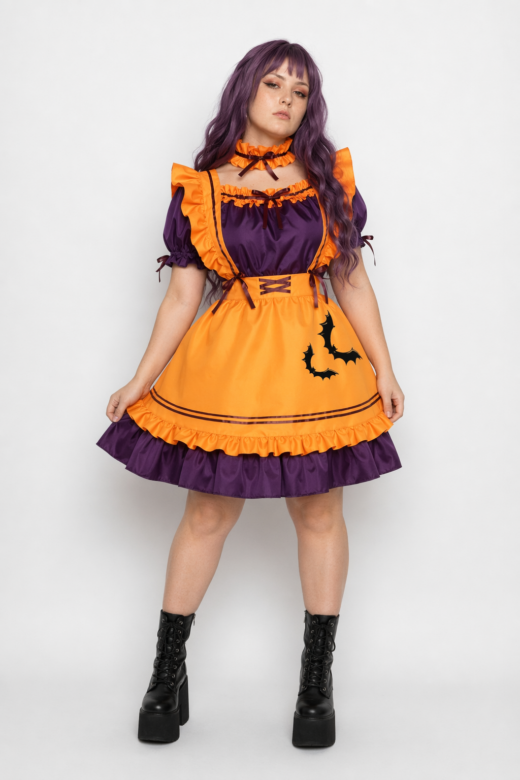 Black and Eggplant Purple Halloween Inspired Maid Lolita Dress 47cm Width S