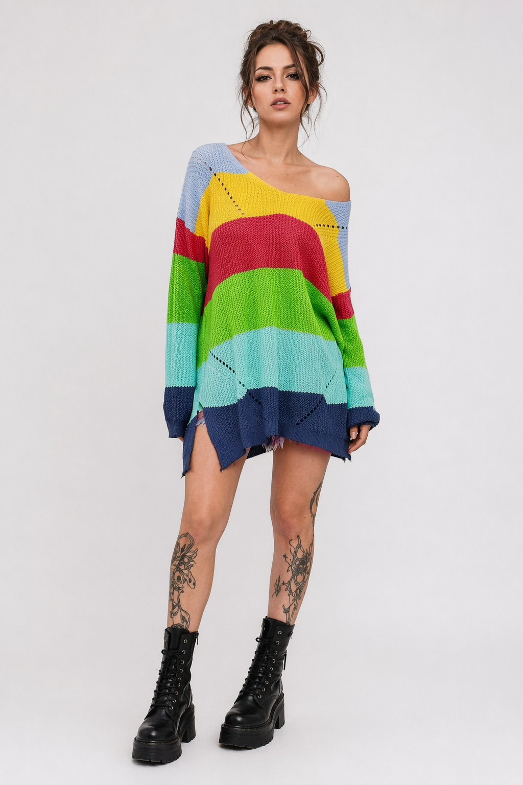 Cozy Long Sleeve Sweater Dress in Bright Rainbow Colors Org Instock Dark Rainbow Colors