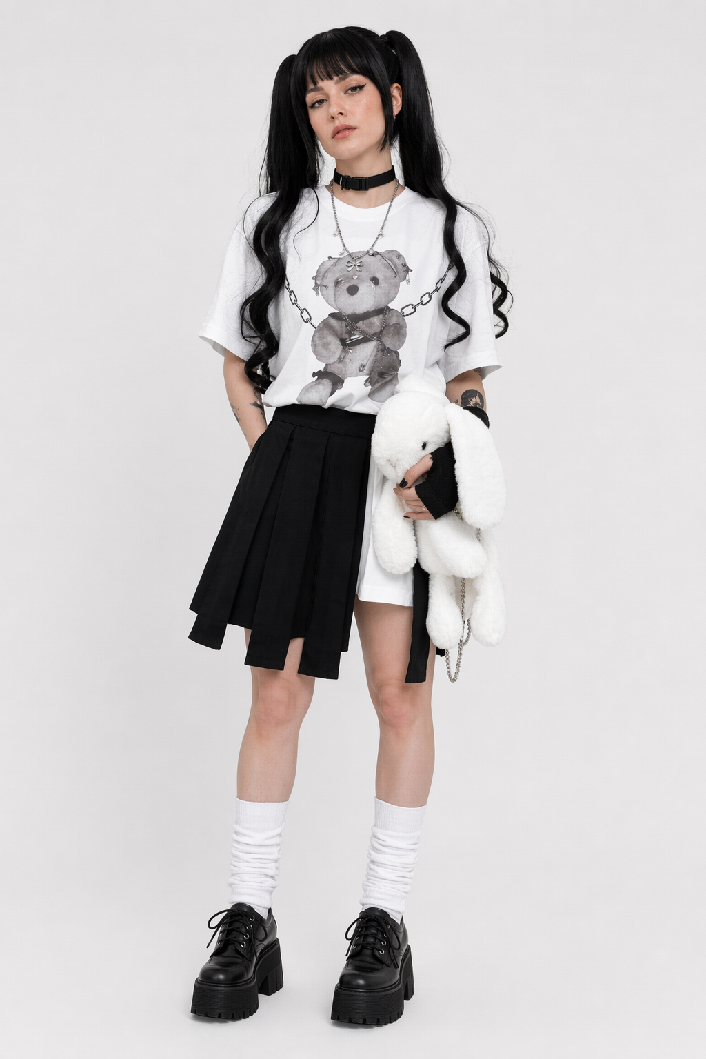 Gothic Chained Bear T-Shirt for Dark-Themed Events White