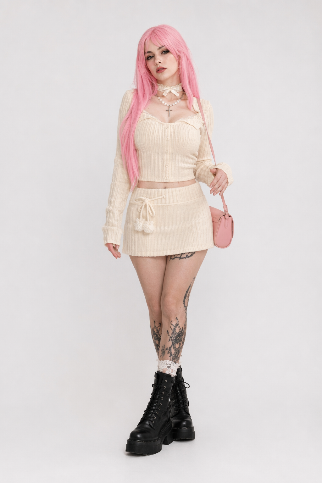 Cream Knit Cropped Sweater in Striped Cable Knit Fabric L