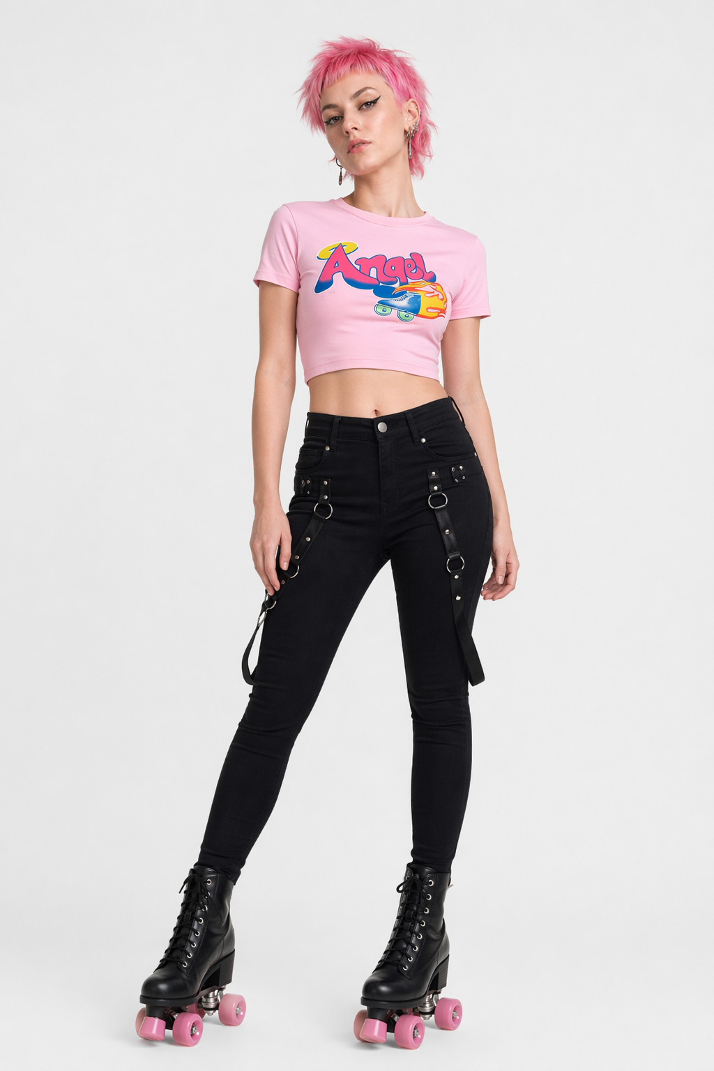 Pink 90s Retro Angel Crop Top with Rollerblades Print S
