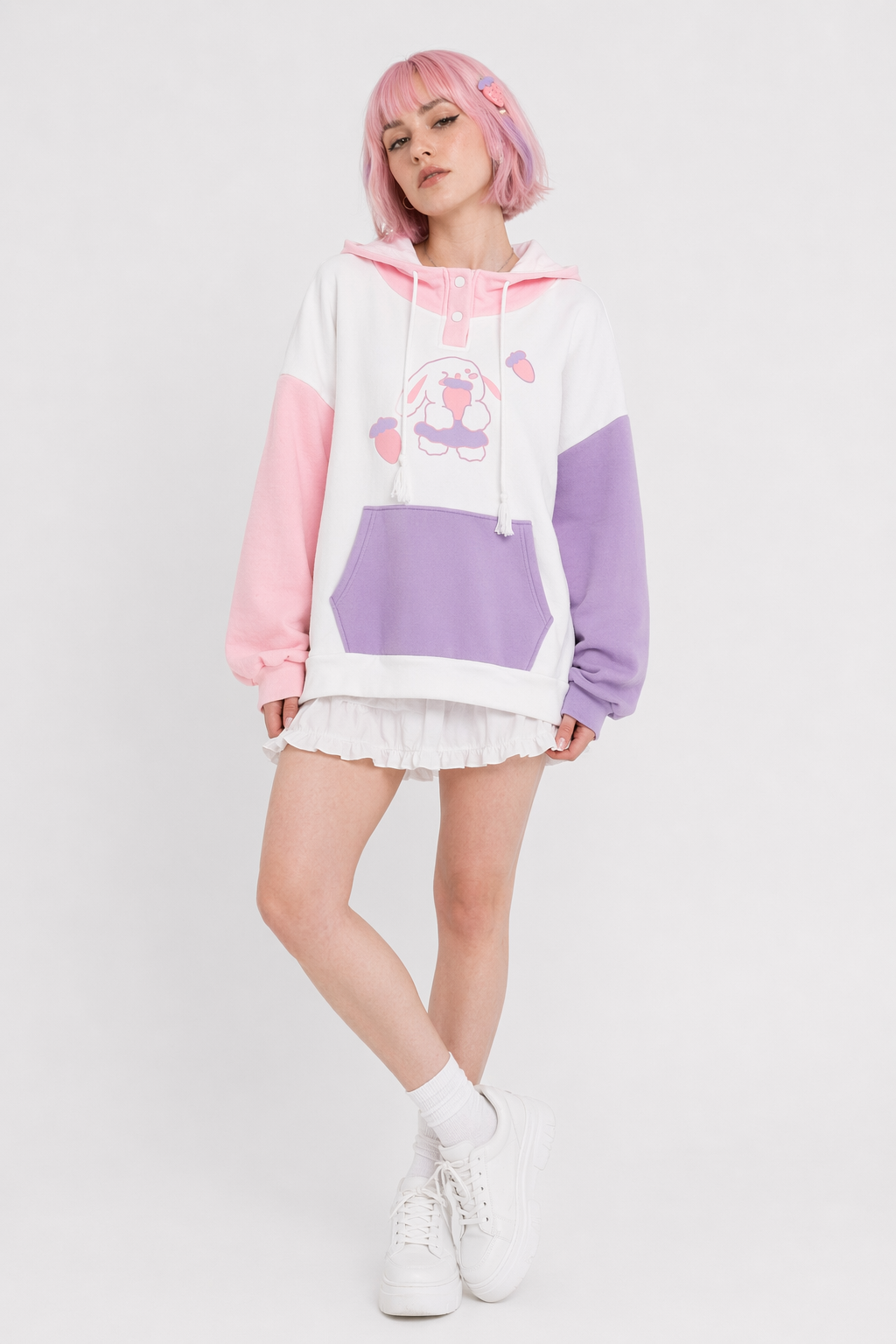 Foodie Bunny Hoodie in Pastel Color Block Style Pink