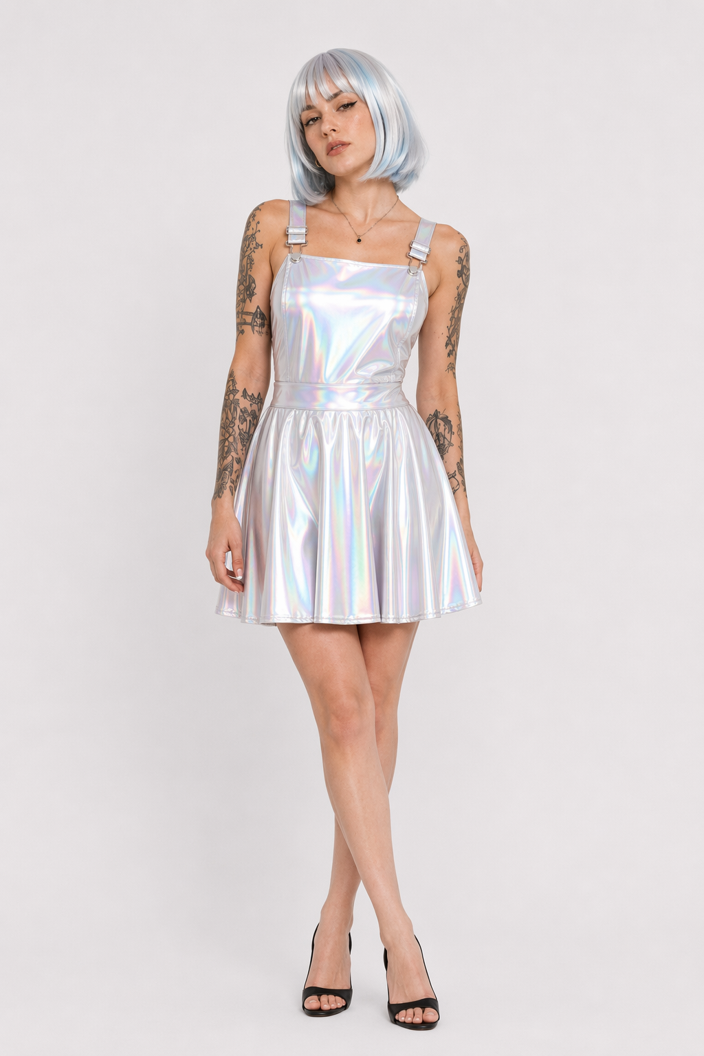 Holographic Suspender Overall Jumper Dress in New Condition Silver