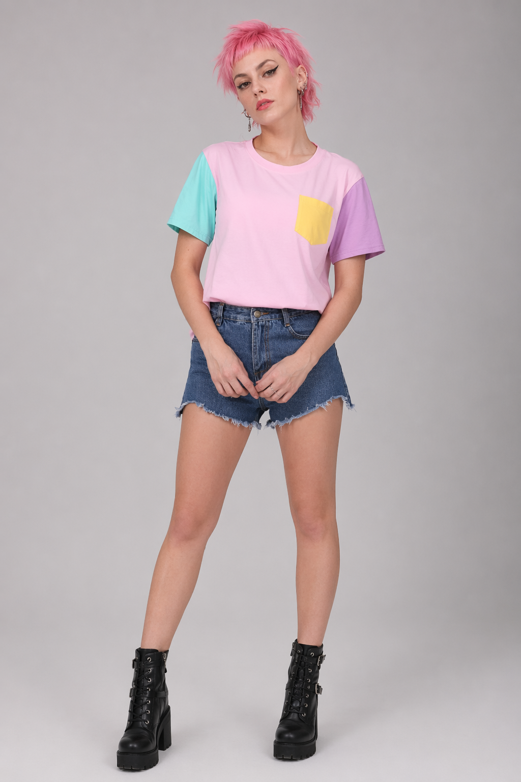 Retro 80s Patchwork Pastel-Kei Tee with Chest Pocket Pink