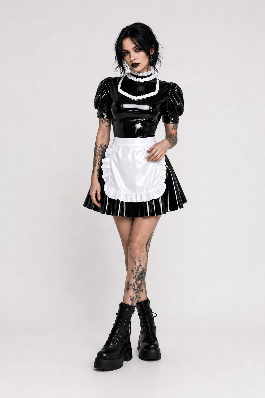 Sassy Latex Bodysuit with White Ruffled Apron Trim XXL