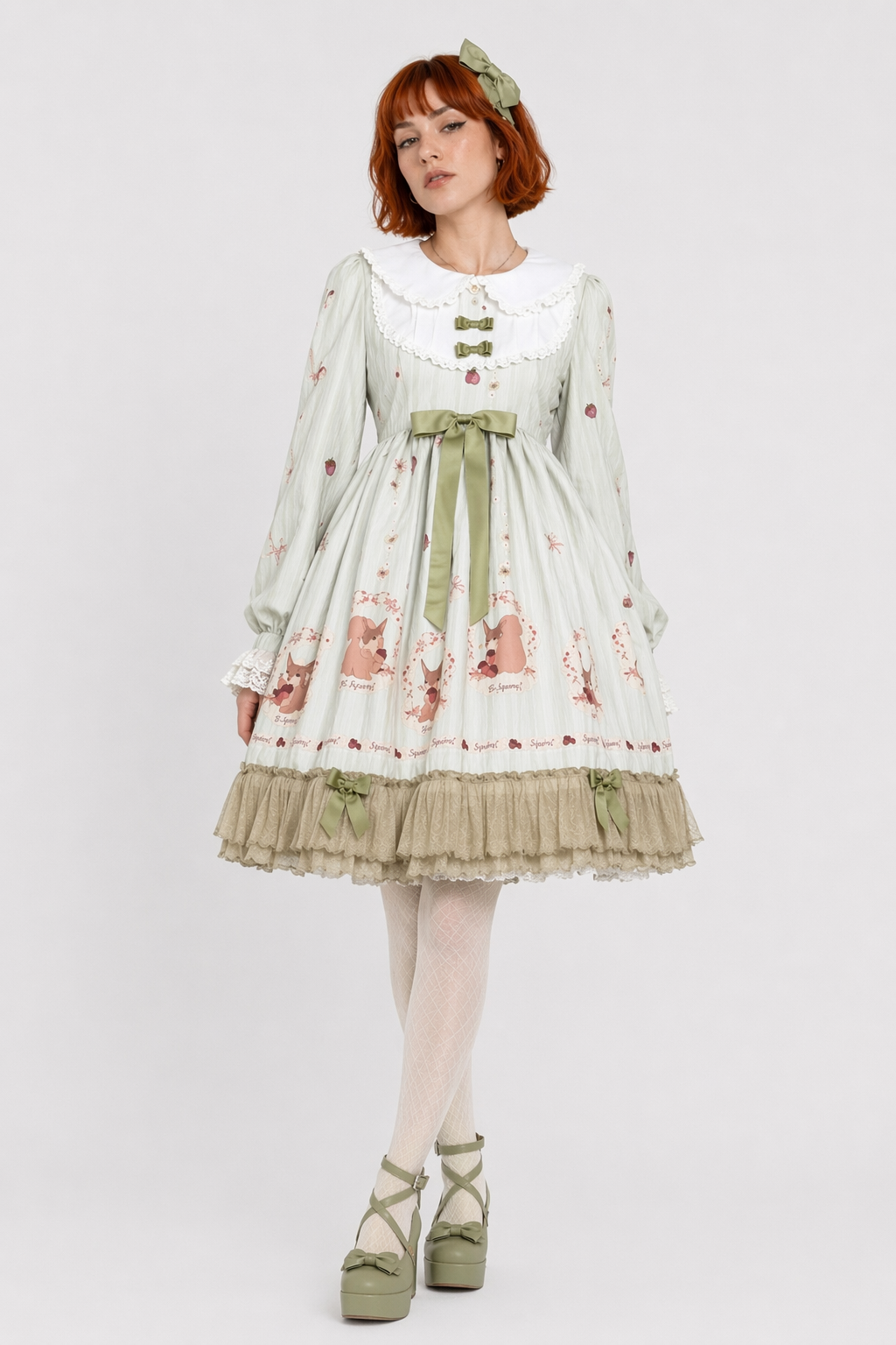 Gorgeous Lolita Dress with Squirrel Cameo in Various Colors and Sleeves green long sleeve