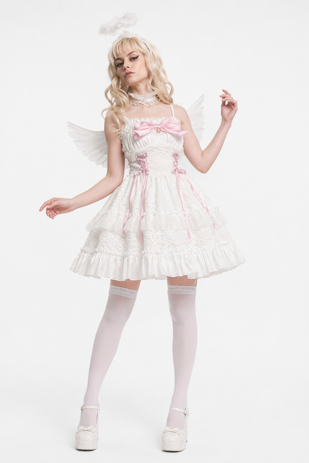 Ethereal Princess Lace Dress with Ruffles and Bows White Pink