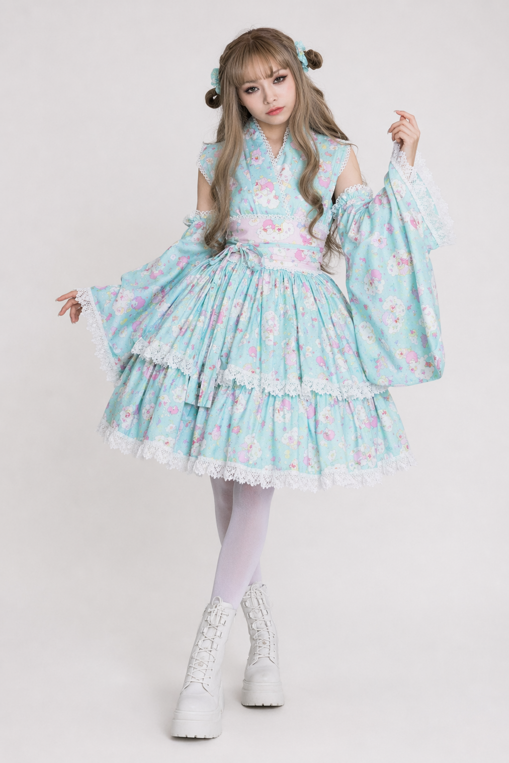 Pink or Blue Ruffled Lolita Kimono Dress with 55cm Skirt Length Blue