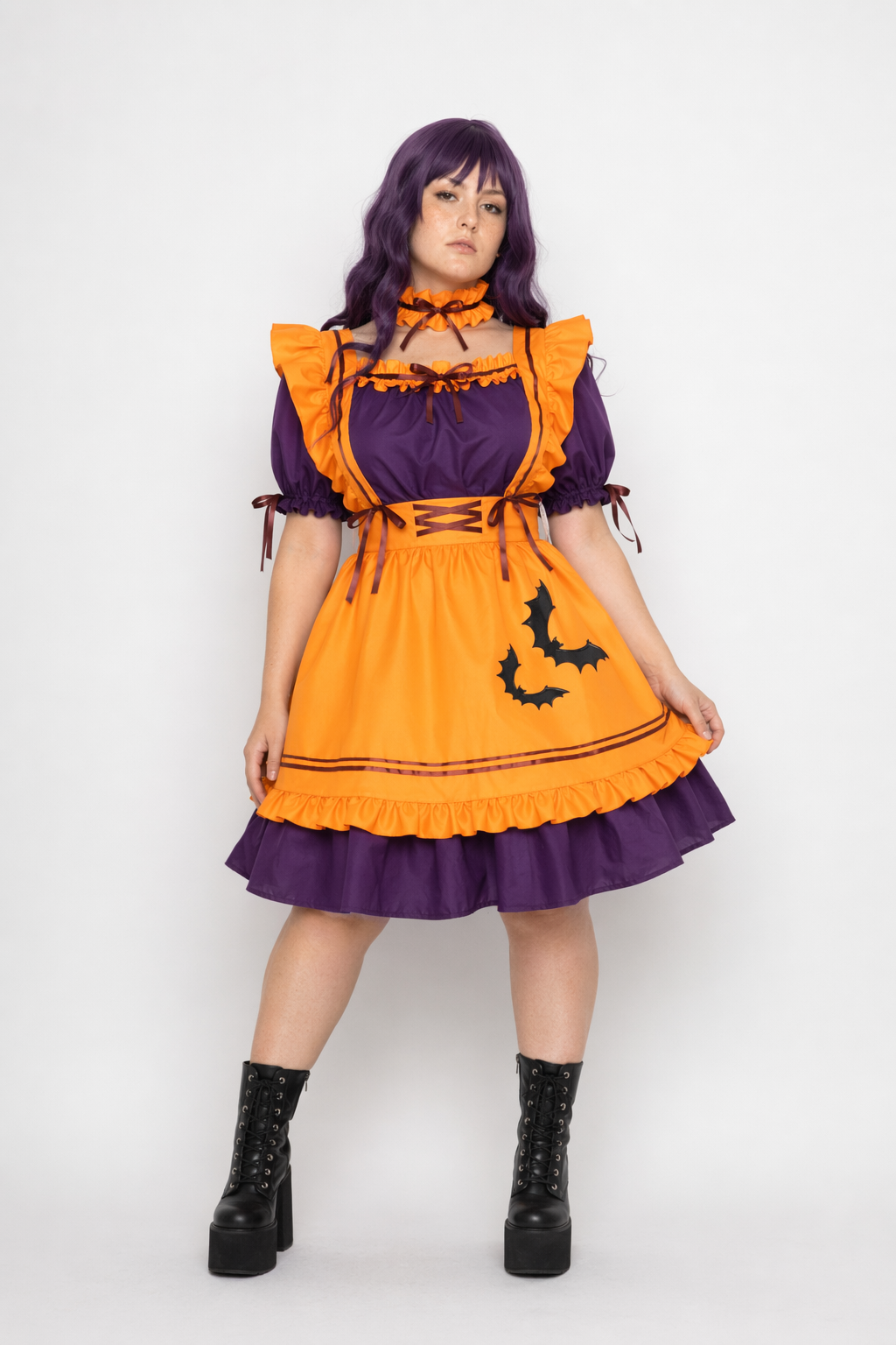 Black and Eggplant Purple Halloween Inspired Maid Lolita Dress 47cm Width 5XL
