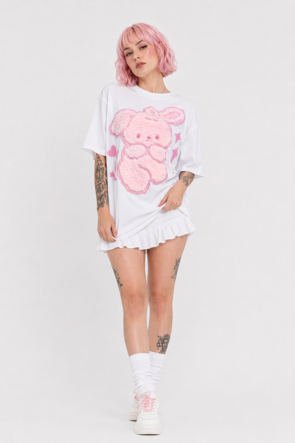 Pink Bunny Fluffy Tee for a Playful and Adorable Look White