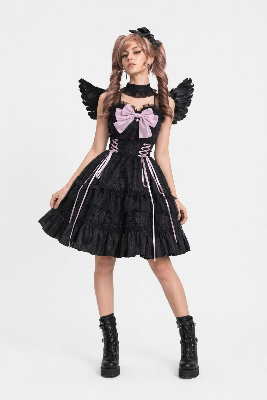 Ethereal Princess Lace Dress with Ruffles and Bows Black Purple