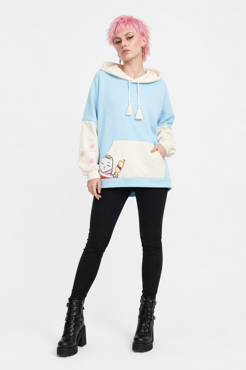 Japanese Inspired Painting Cat Artist Hoodie with Cherry Blossoms Blue