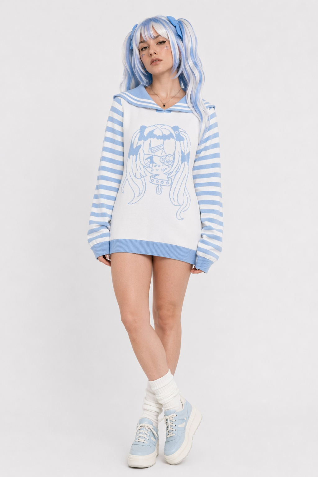 Striped eGirl Knit Hoodie for Anime and Kawaii Fashion Lovers Blue
