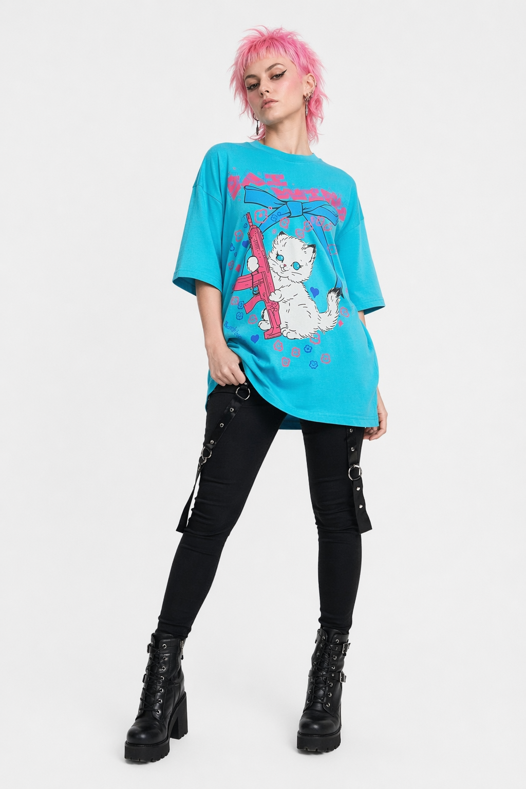 Kawaii Machine Gun Kitten T-Shirt In Stock for Daisy Duck Fans Blue