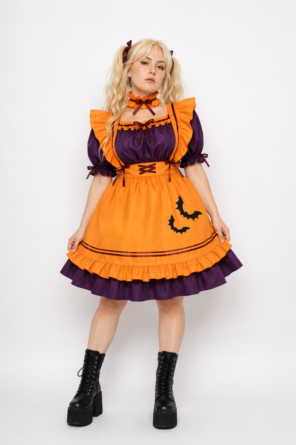 Black and Eggplant Purple Halloween Inspired Maid Lolita Dress 47cm Width XXL