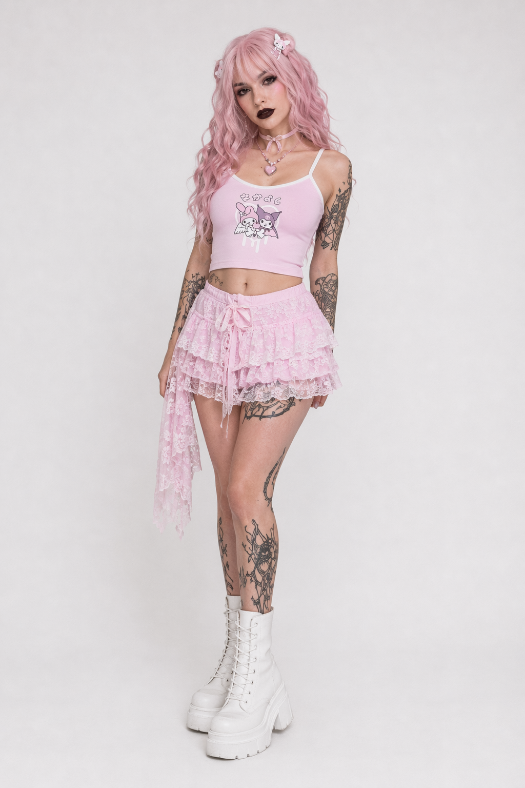 Pastel Fairy Kei Kuromi Crop Top with Spaghetti Straps Pink