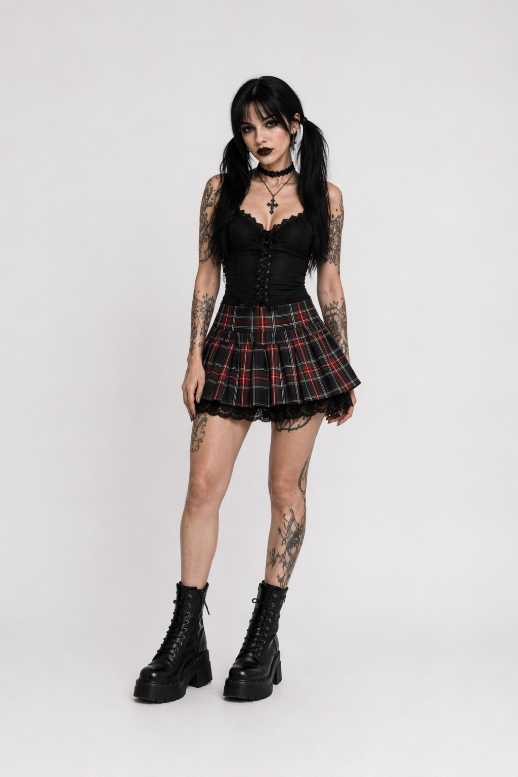 Tartan Plaid School Girl Skirt with Frilly Lace Layer Black