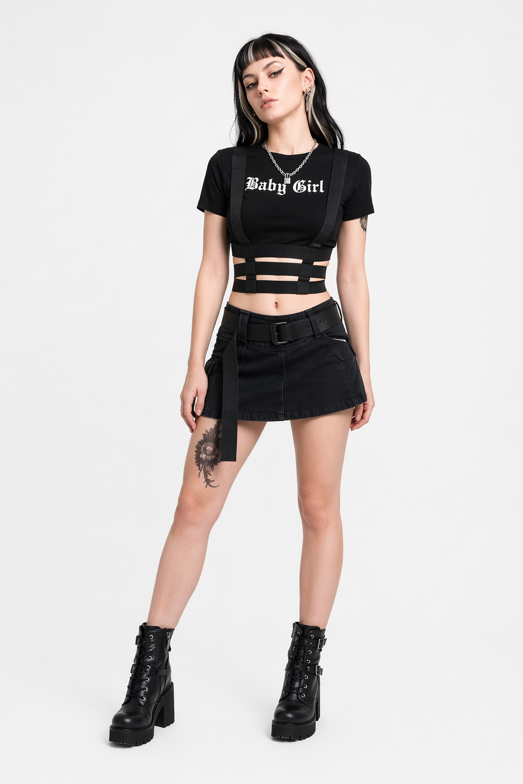 Black Baby Girl Crop Top with Suspender Harness for Gothic Style M
