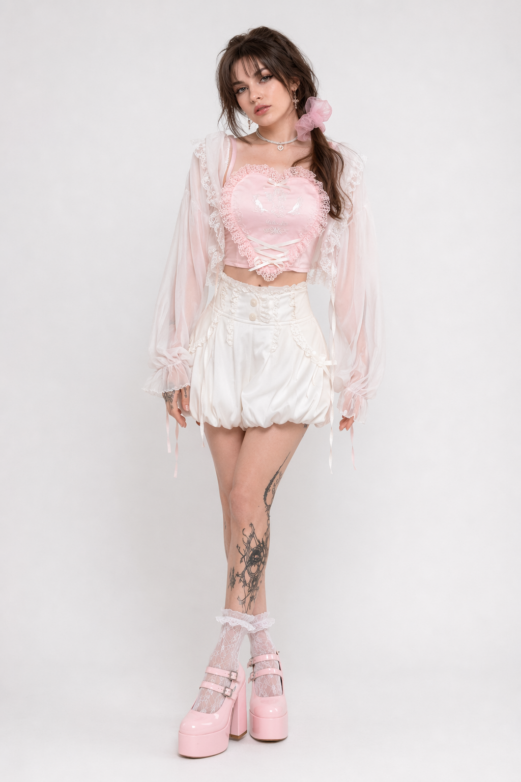 Ethereal Lace and Ribbon Heart Shaped Crop Top Pink