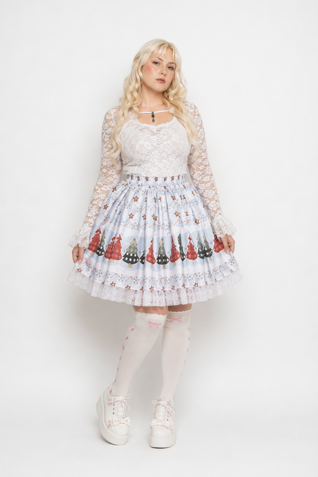 Luxury Winter Wonderland Skirt with Lace Trim and Pleats S