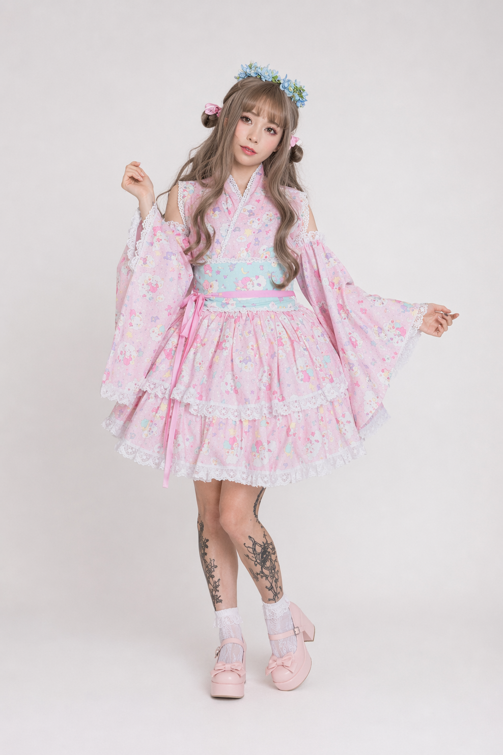 Pink or Blue Ruffled Lolita Kimono Dress with 55cm Skirt Length Pink