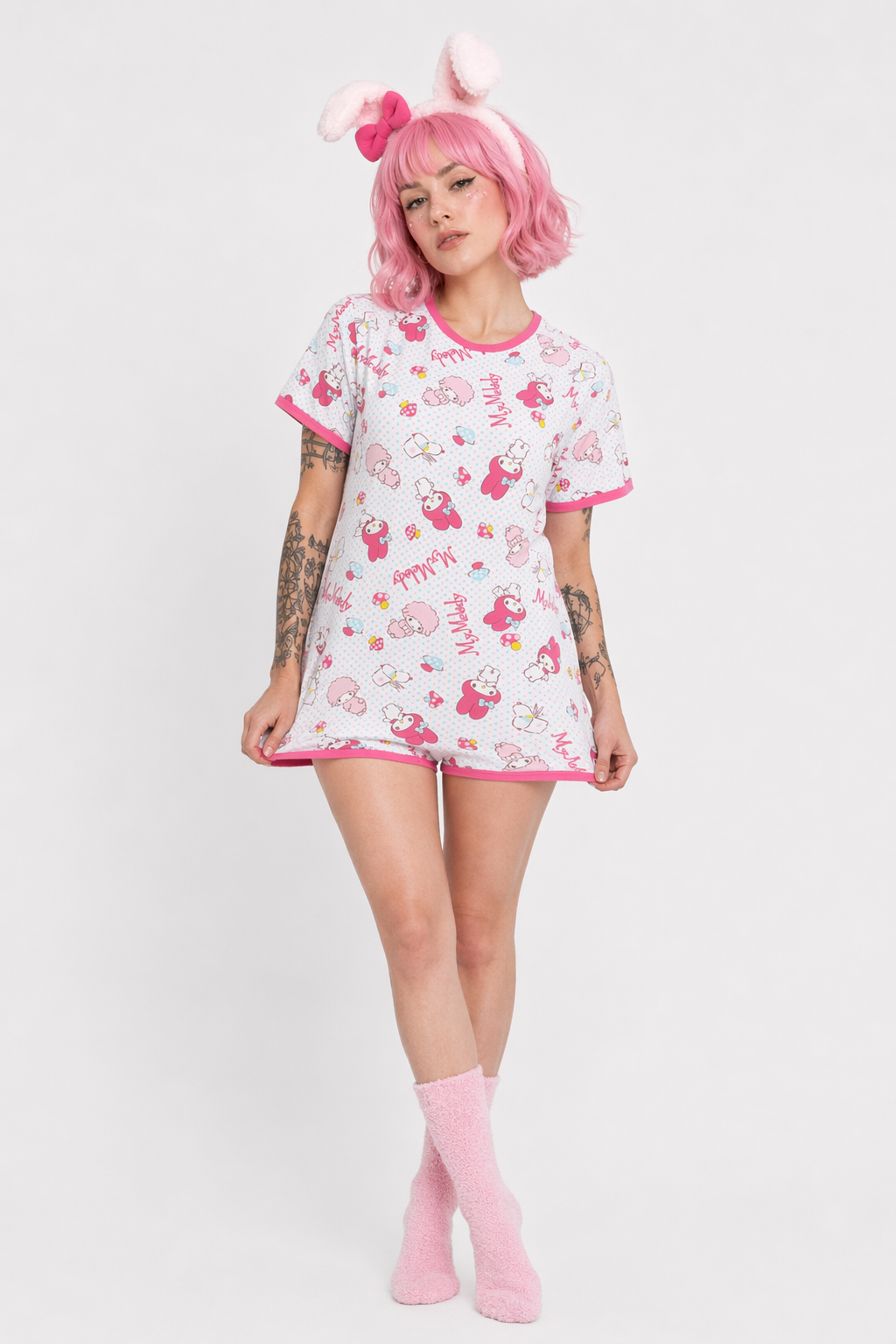 Pink My Melody Bunny Adult Onesie with Snap Crotch for Cozy Lounging M